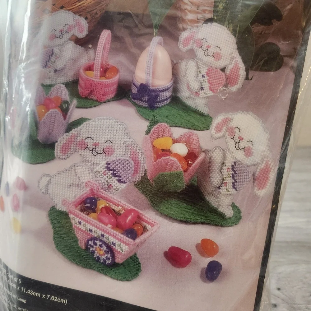 Vintage Bucilla 6179 Bunny Egg Cups Plastic Canvas Kit Year 1996 Easter Set of 5